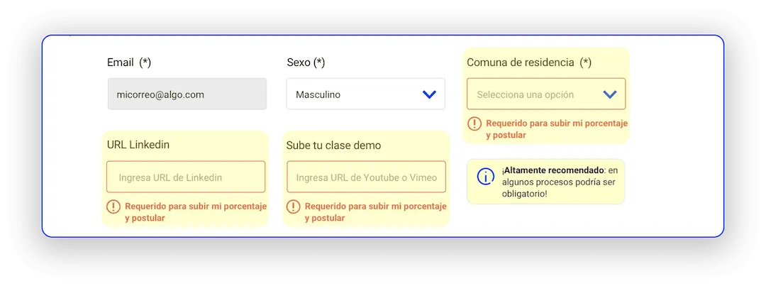 Formulario que muestra datos requeridos.